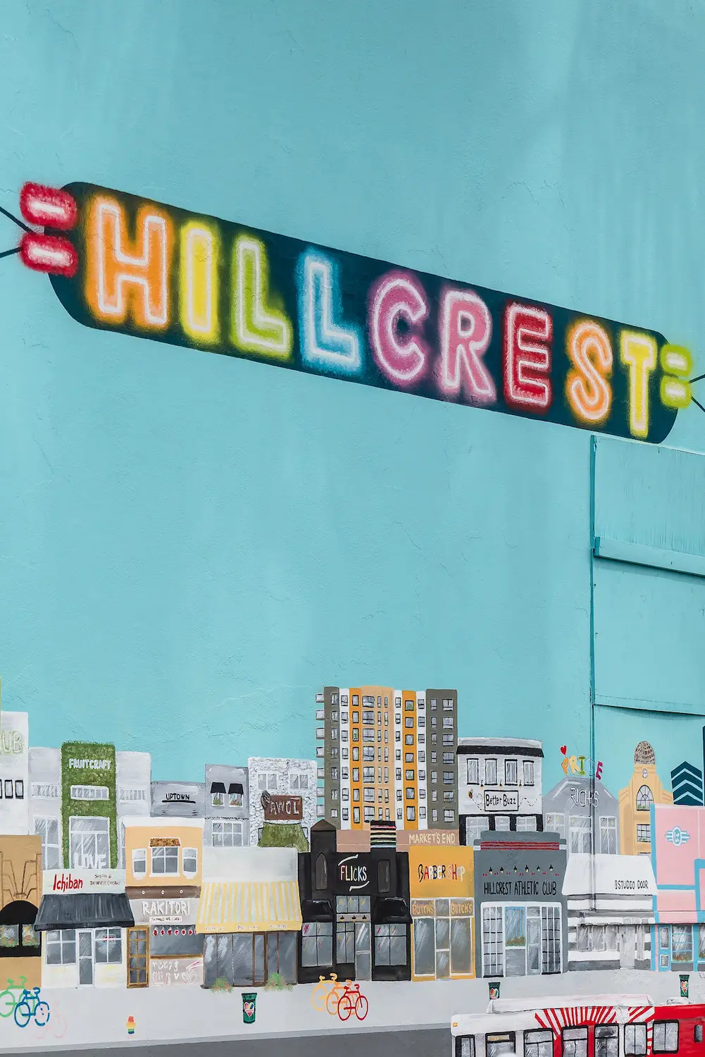 Mural of Hillcrest San Diego sign and neighborhood