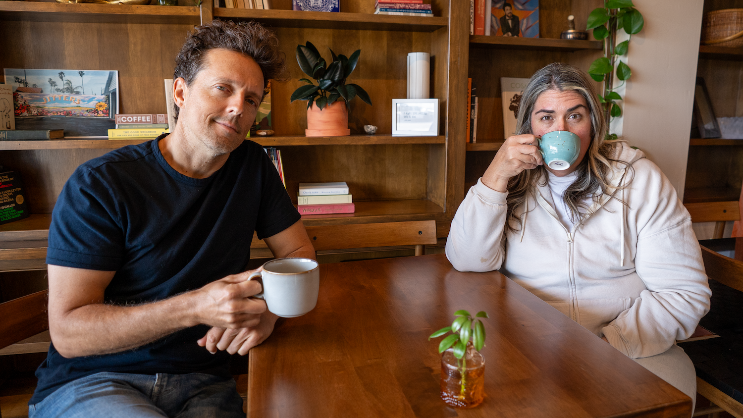 San Diego local and grammy-winning musician Jason Mraz with owner of Oceanside's Jitters Coffee Pub Vallie Gilley