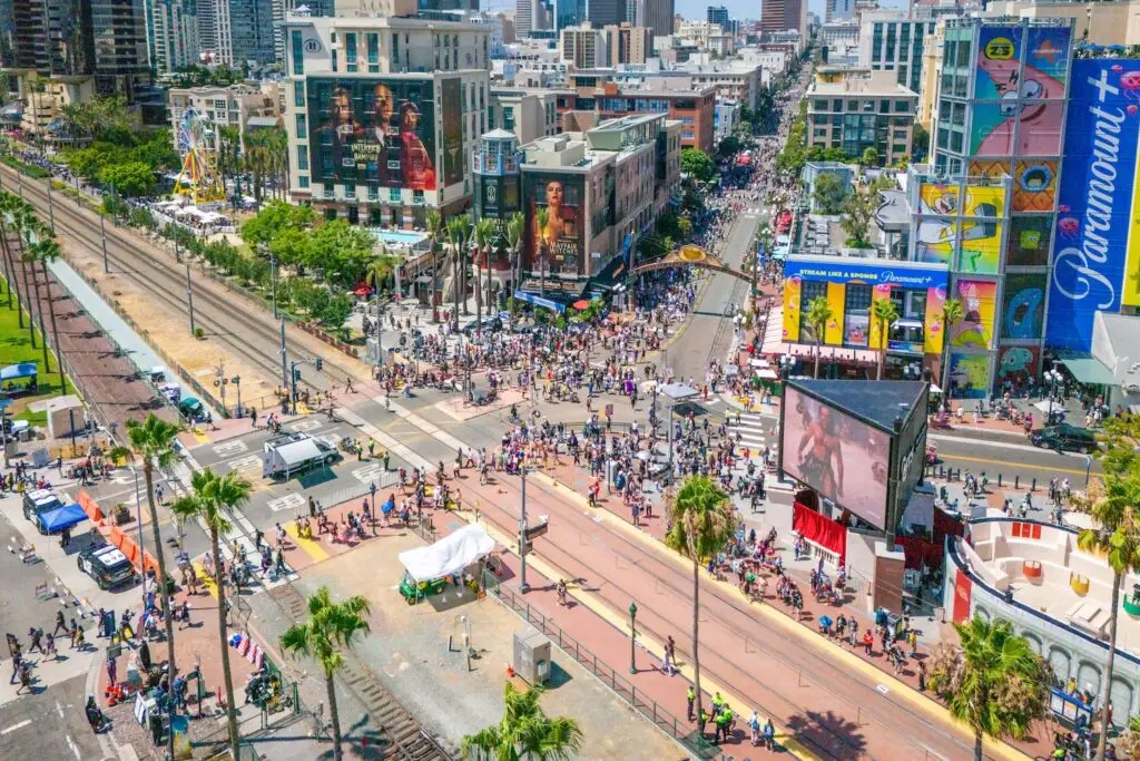 San Diego Comic-Con 2025 free and offsite events without a badge featuring aerial view of the Gaslamp Quarter