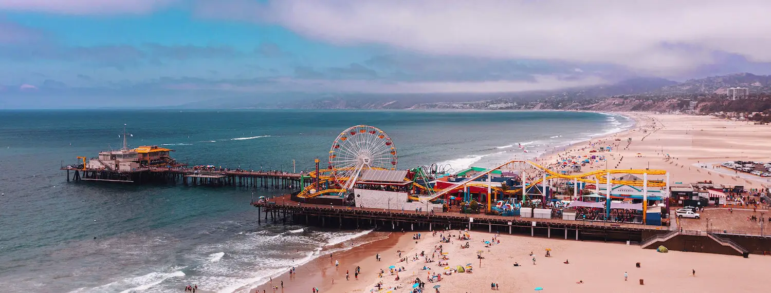 Aerial view of the Santa Monica Pier, a cheap nearby San Diego getaway roadtrip