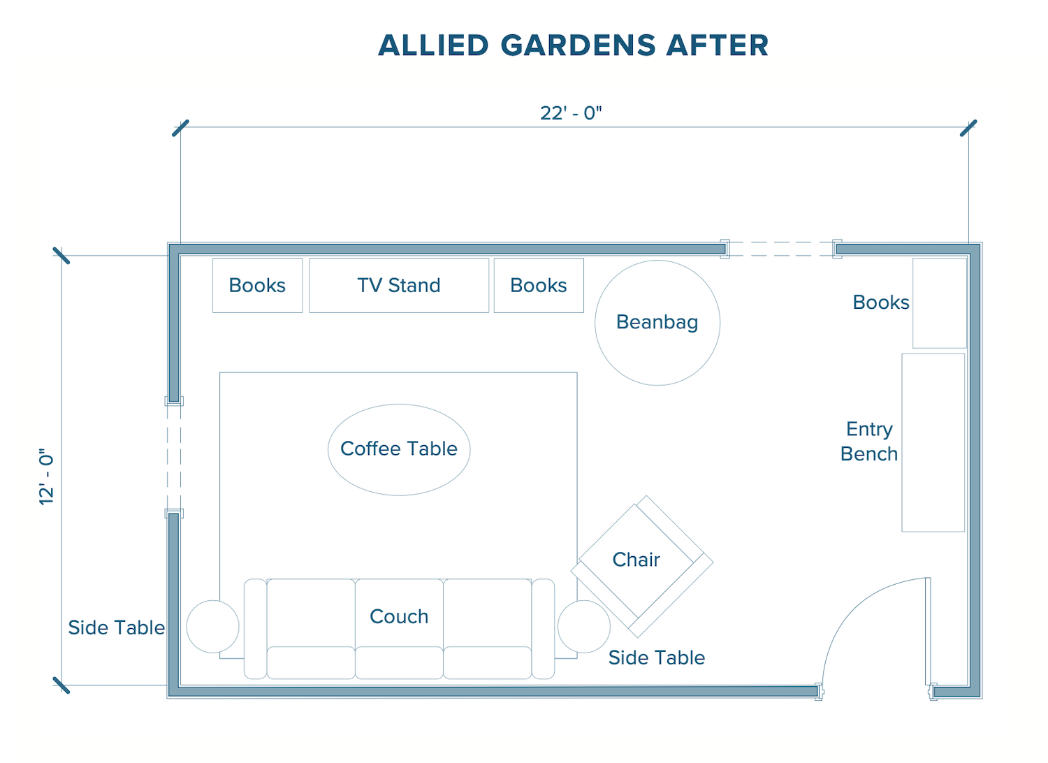 Small home floor plan in San Diego's Allied Garden neighborhood after a redesign to improve space and flow
