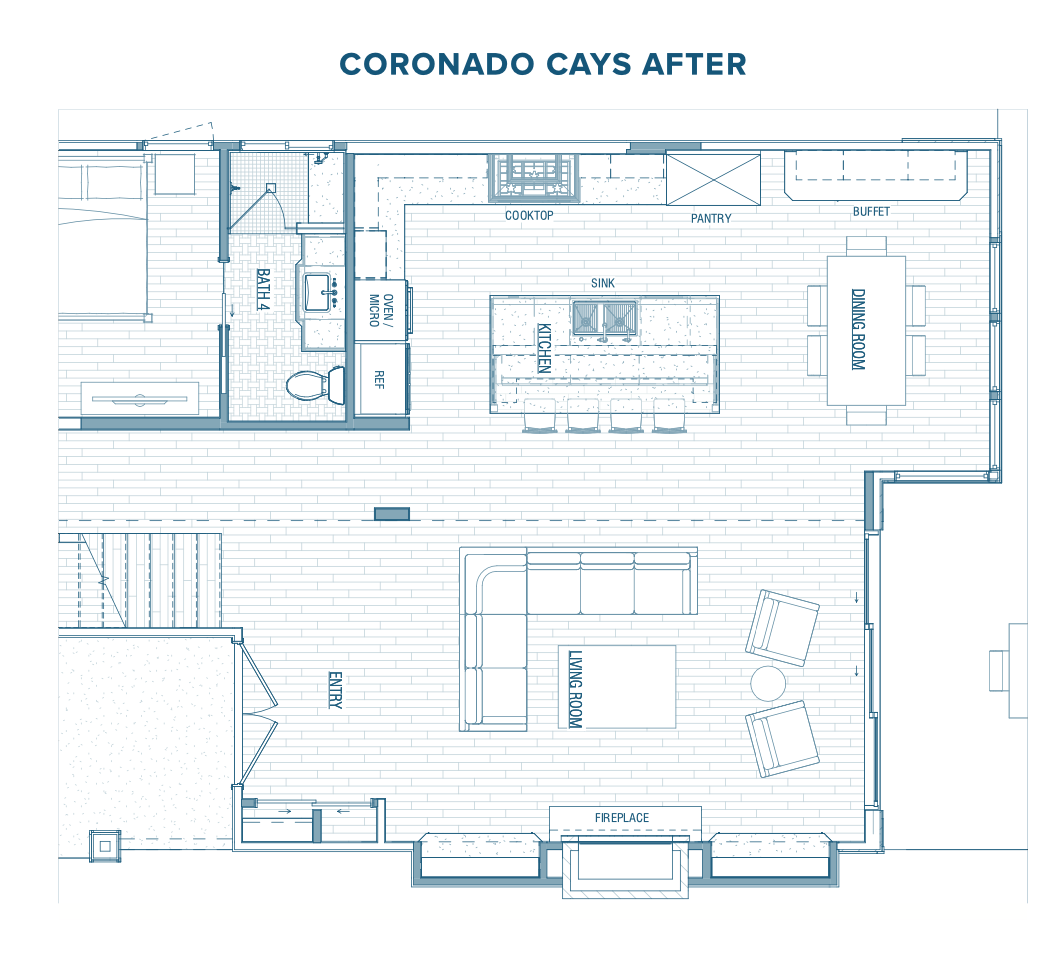 Small home floor plan in San Diego's Coronado Cays neighborhood after a redesign to improve space and flow