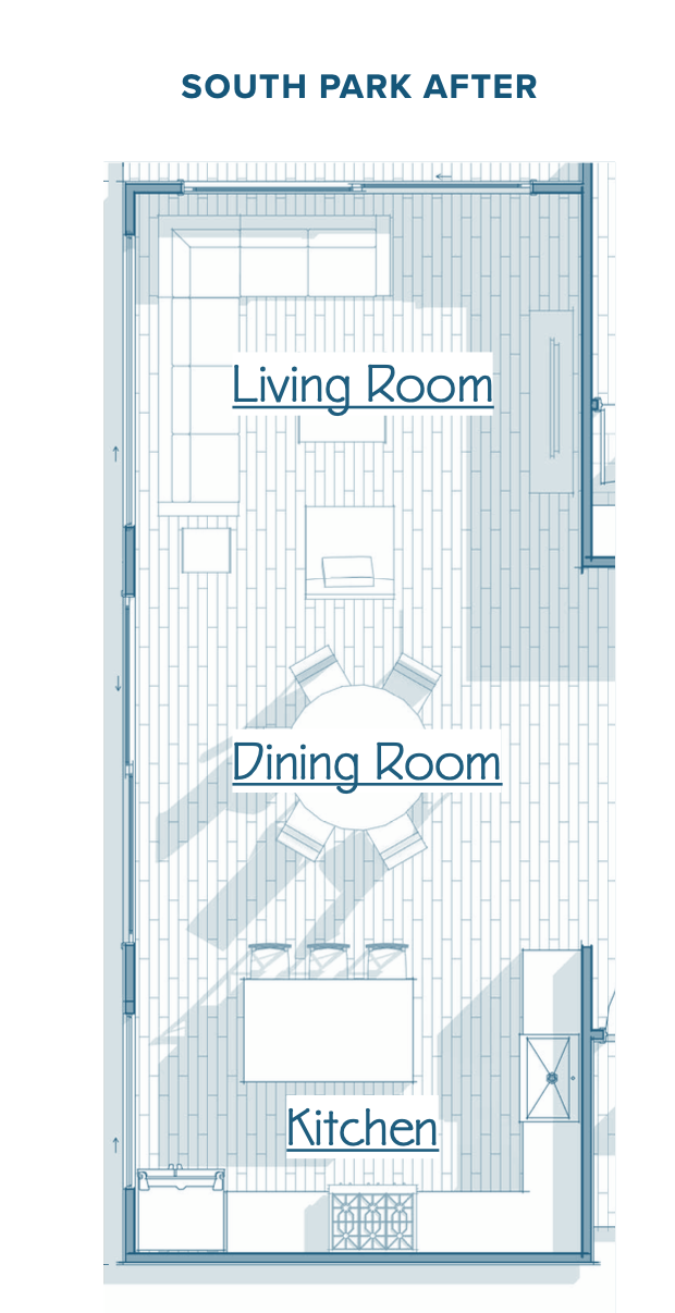 Small home floor plan in San Diego's South Park neighborhood after a redesign to improve space and flow