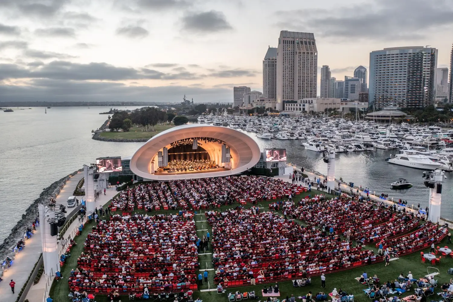 Aerial view of Rady Shell concert venue in downtown San Diego