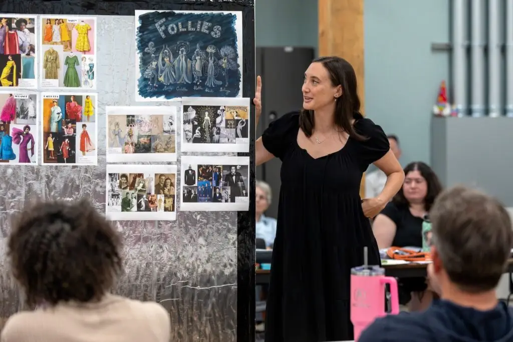 Cast memebers of Cygnet Theatre 2025 show Follies preparing outfits at Liberty Station's new theater at  the Joan and Irwin Jacobs Performing Arts Center in San Diego