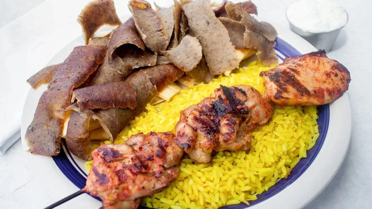 Kebabs and rice from San Diego San Diego Greek restaurant J-K’s Greek Cafe in La Mesa