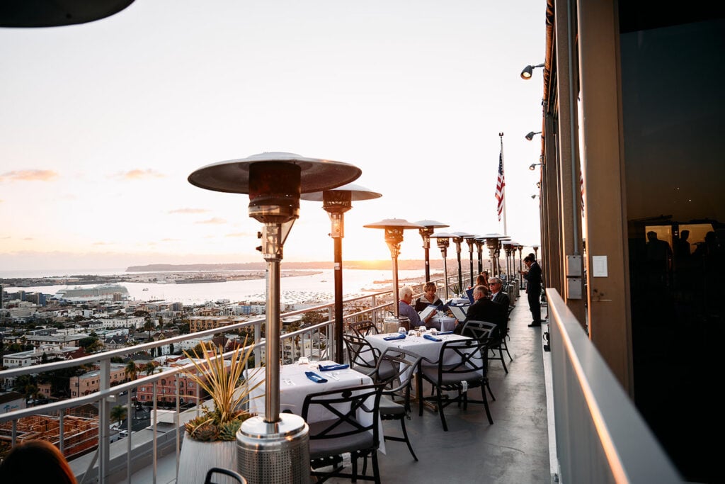 Exterior patio of San Diego rooftop bar Mister A's in Bankers Hill