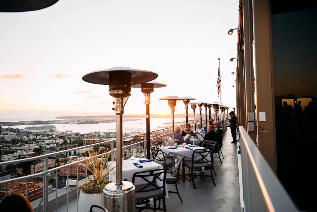 Exterior patio of San Diego rooftop bar Mister A's in Bankers Hill