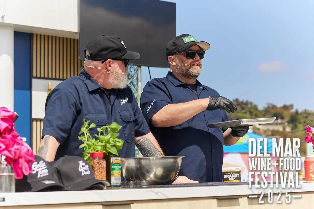 Photo gallery from the 2025 Del Mar Wine + Food festival event featuring celebrity chefs, San Diego restaurants, and California distillers