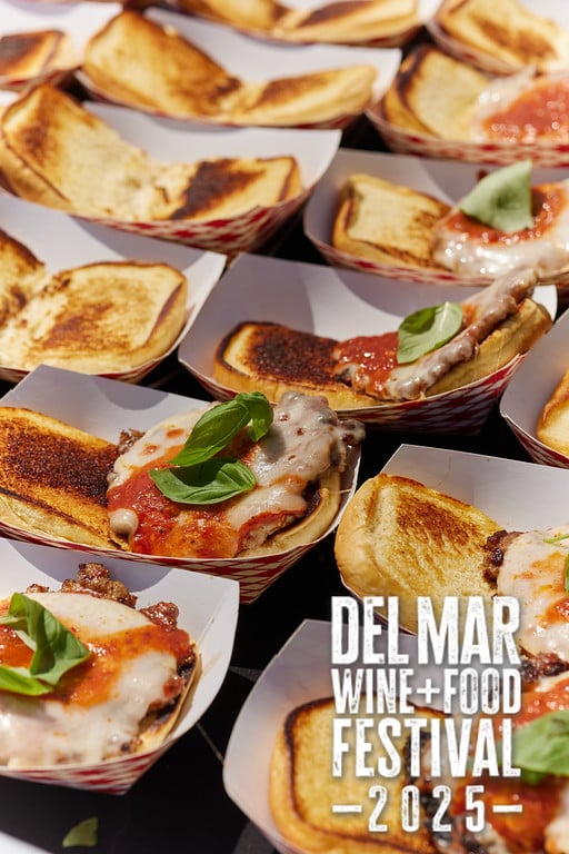 Photo gallery from the 2025 Del Mar Wine + Food festival event featuring celebrity chefs, San Diego restaurants, and California distillers