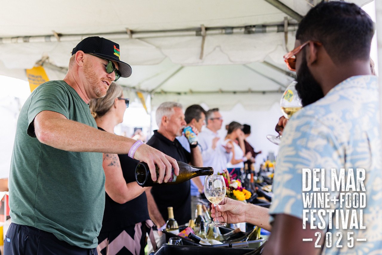 Photo gallery from the 2025 Del Mar Wine + Food festival event featuring celebrity chefs, San Diego restaurants, and California distillers