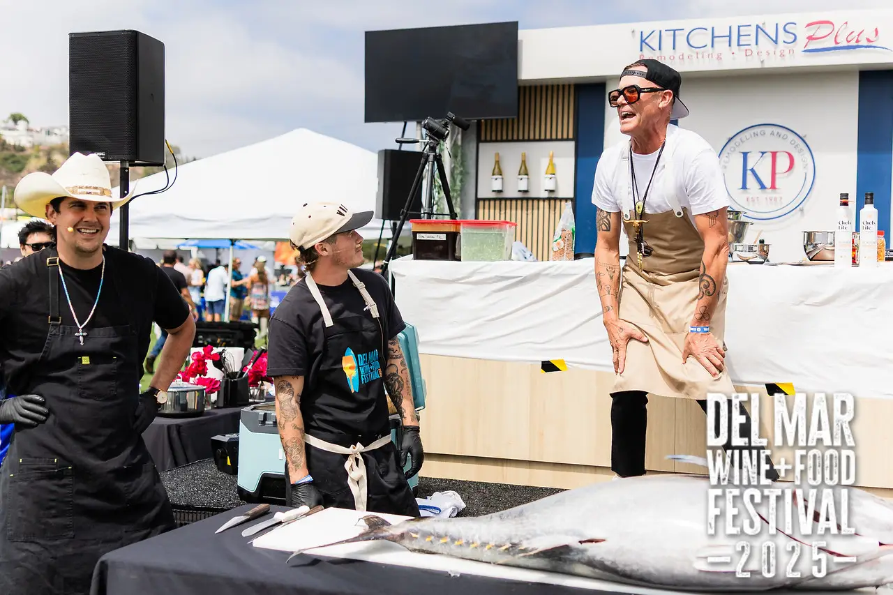 Photo gallery from the 2025 Del Mar Wine + Food festival event featuring celebrity chefs, San Diego restaurants, and California distillers