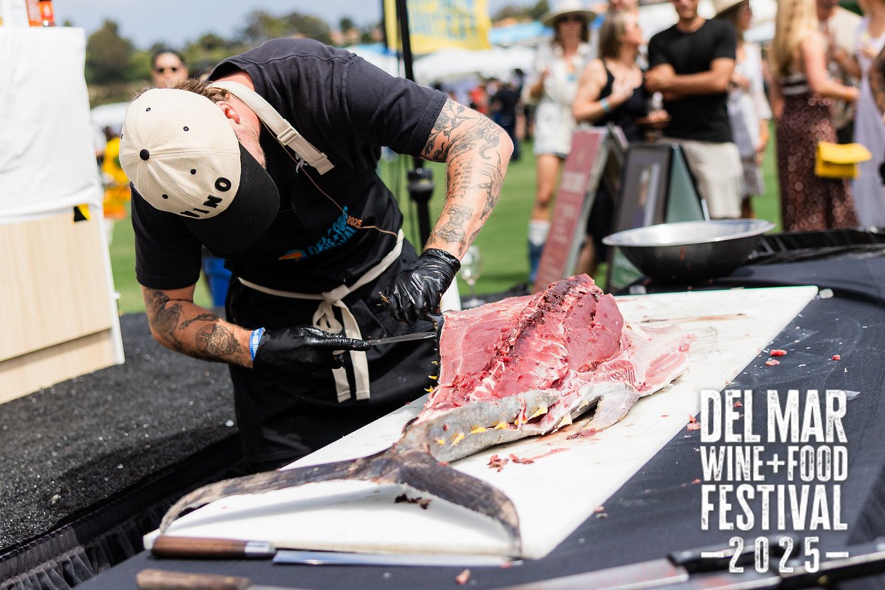 Photo gallery from the 2025 Del Mar Wine + Food festival event featuring celebrity chefs, San Diego restaurants, and California distillers
