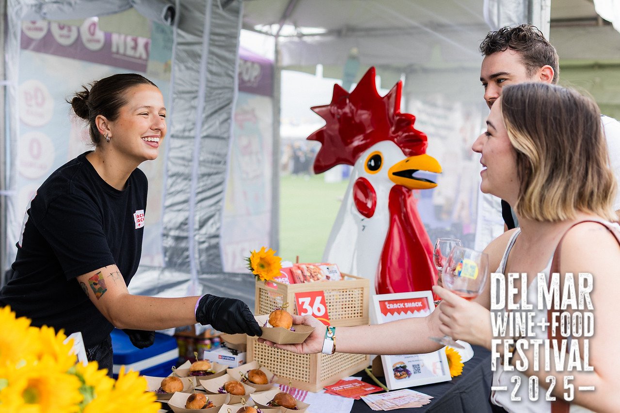 Photo gallery from the 2025 Del Mar Wine + Food festival event featuring celebrity chefs, San Diego restaurants, and California distillers