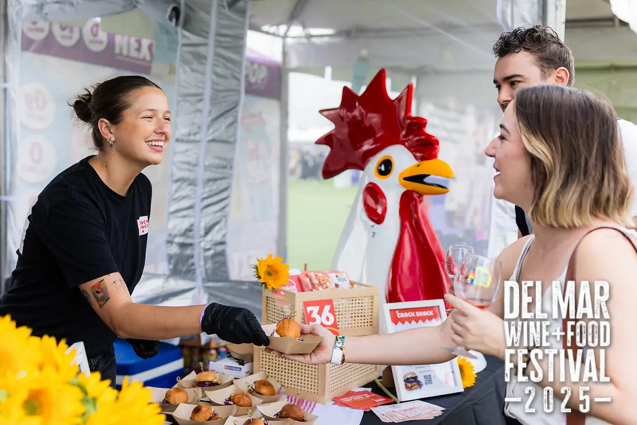 Photo gallery from the 2025 Del Mar Wine + Food festival event featuring celebrity chefs, San Diego restaurants, and California distillers