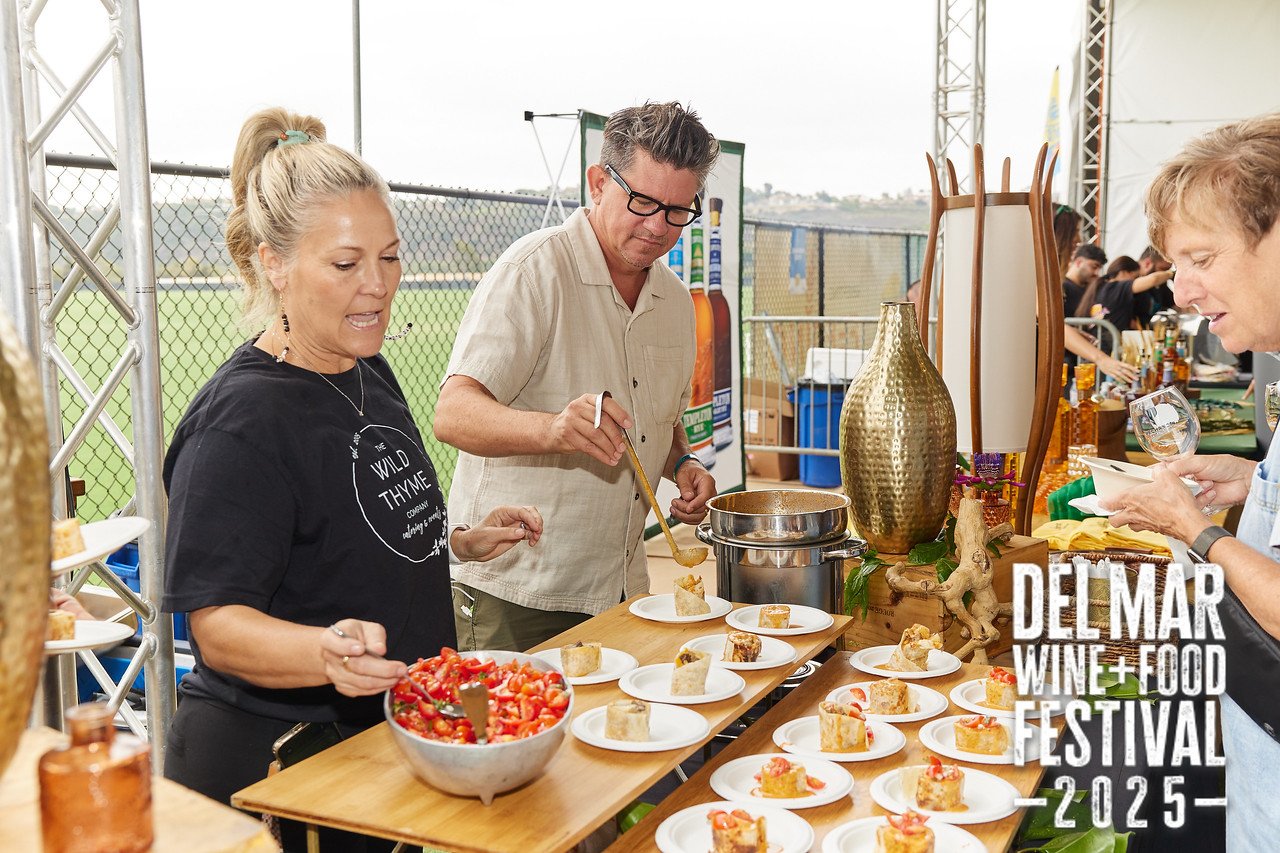 Photo gallery from the 2025 Del Mar Wine + Food festival event featuring celebrity chefs, San Diego restaurants, and California distillers