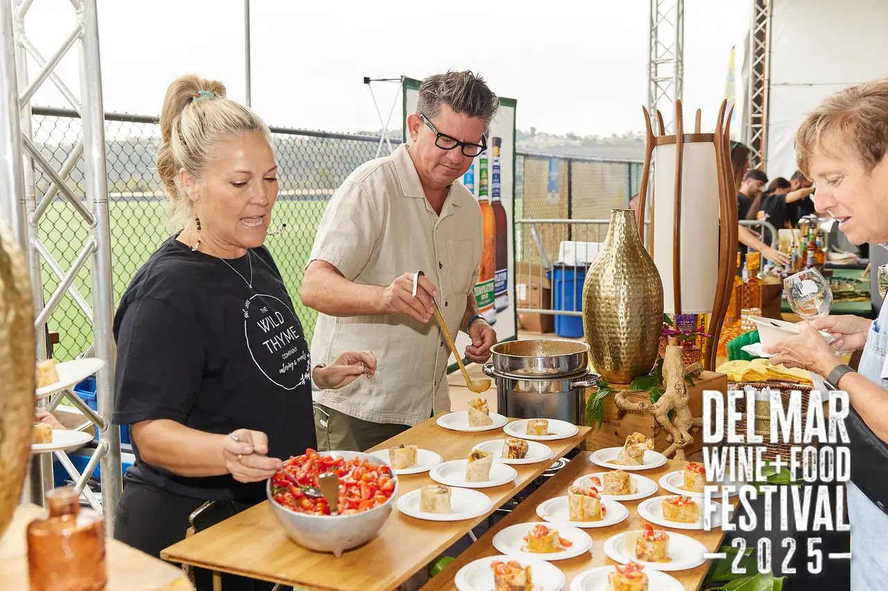 Photo gallery from the 2025 Del Mar Wine + Food festival event featuring celebrity chefs, San Diego restaurants, and California distillers