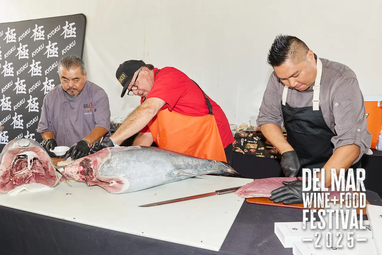 Photo gallery from the 2025 Del Mar Wine + Food festival event featuring celebrity chefs, San Diego restaurants, and California distillers