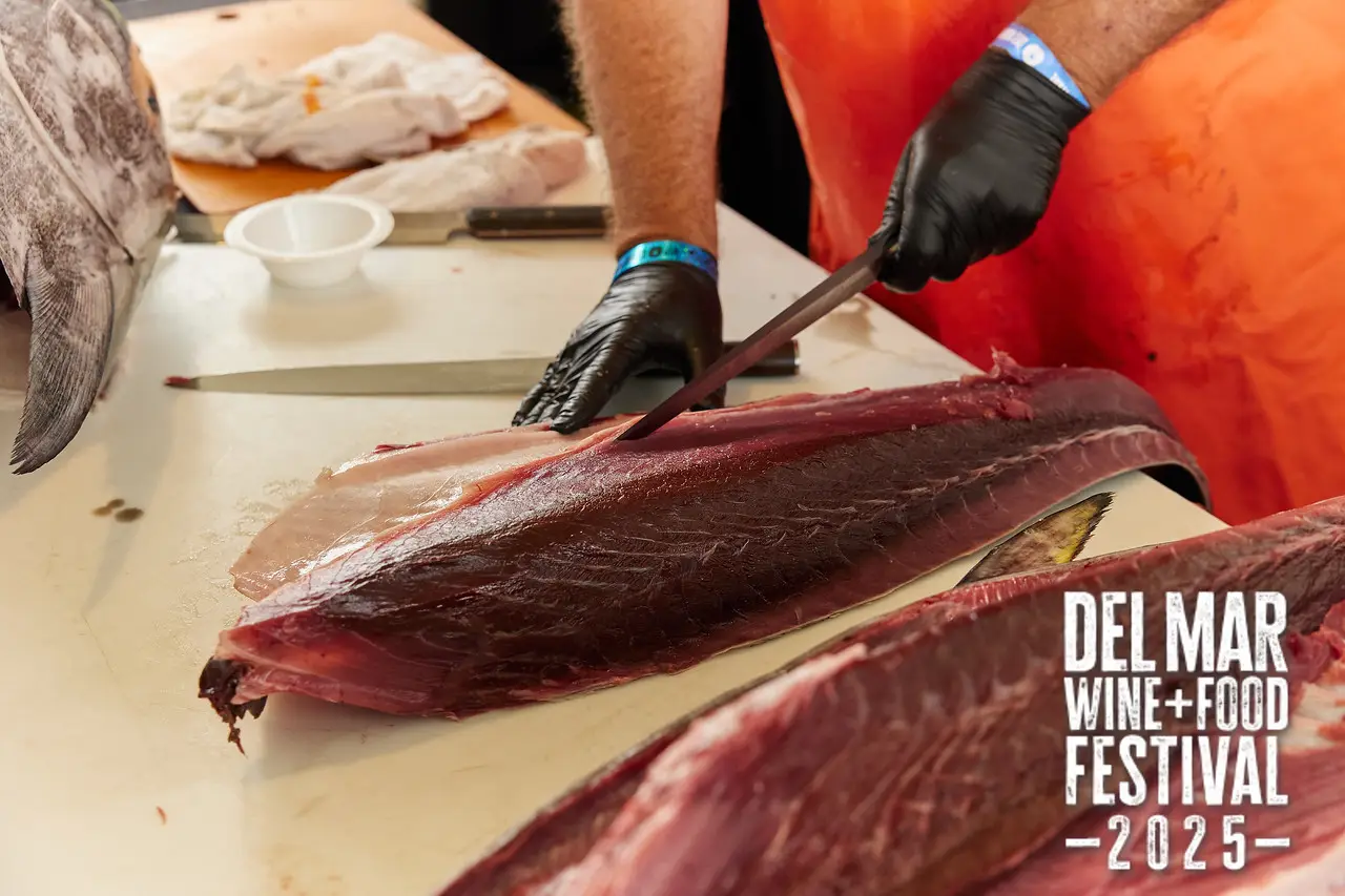 Photo gallery from the 2025 Del Mar Wine + Food festival event featuring celebrity chefs, San Diego restaurants, and California distillers