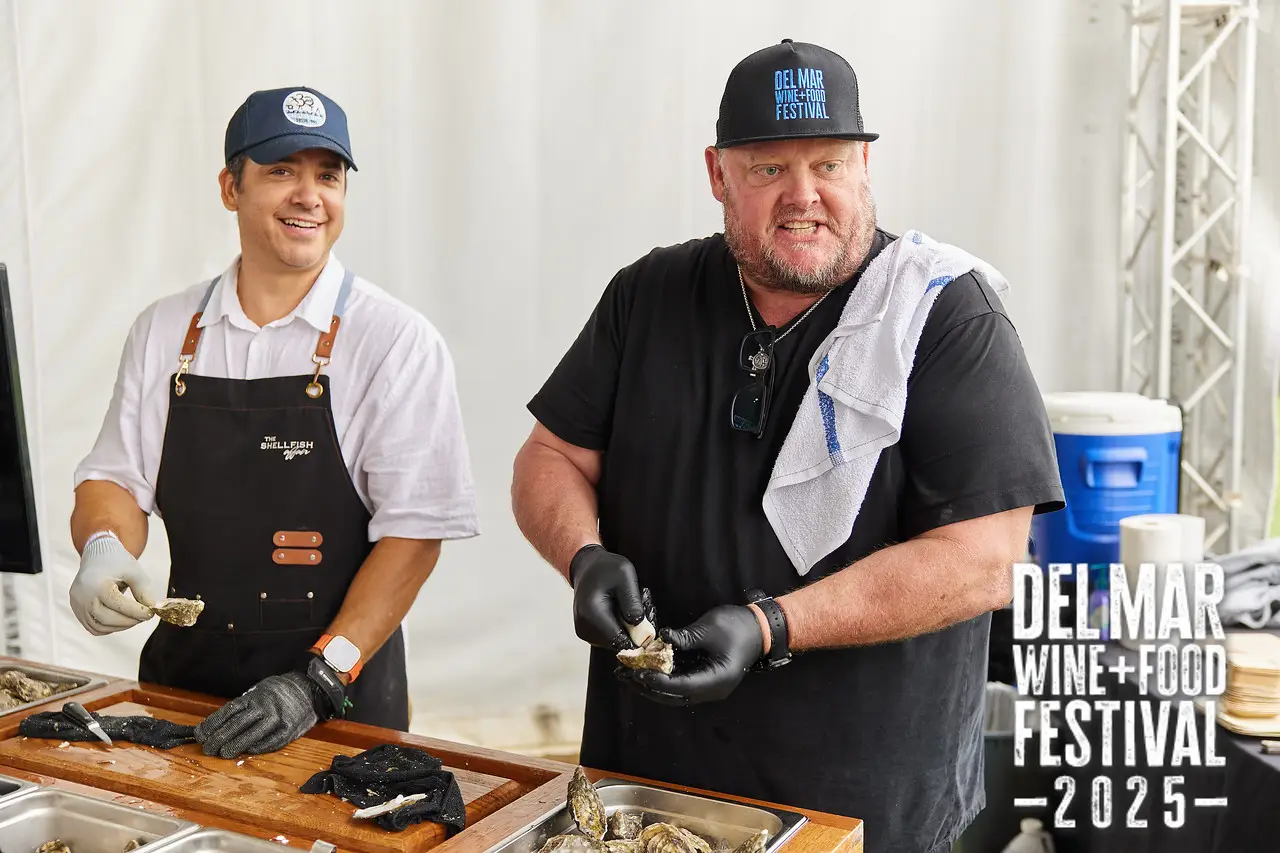 Photo gallery from the 2025 Del Mar Wine + Food festival event featuring celebrity chefs, San Diego restaurants, and California distillers