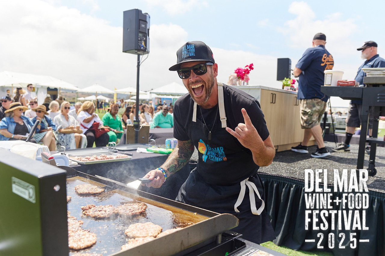 Photo gallery from the 2025 Del Mar Wine + Food festival event featuring celebrity chefs, San Diego restaurants, and California distillers