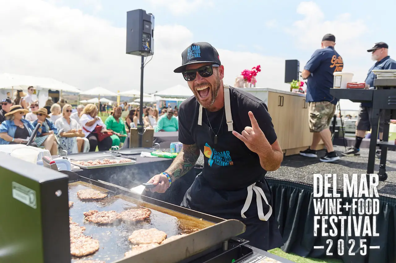 Photo gallery from the 2025 Del Mar Wine + Food festival event featuring celebrity chefs, San Diego restaurants, and California distillers