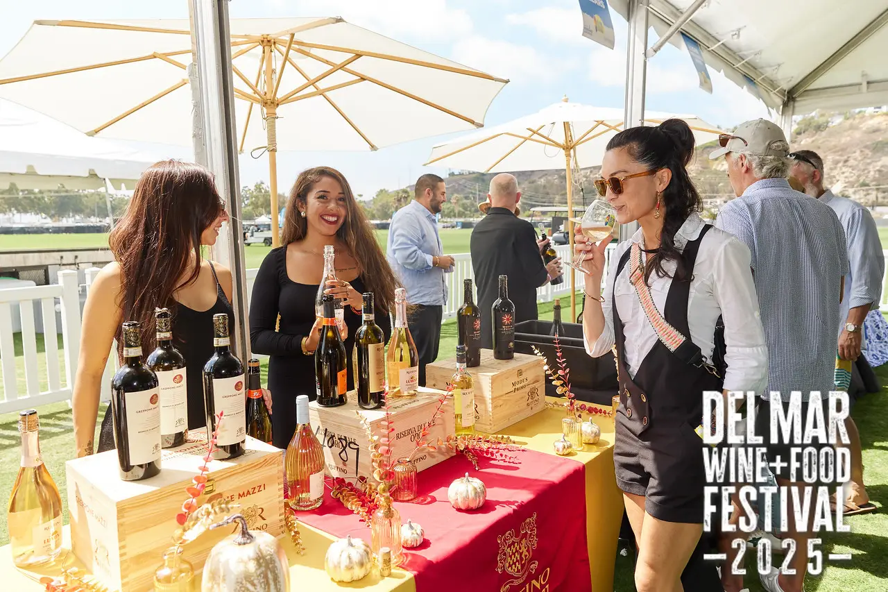 Photo gallery from the 2025 Del Mar Wine + Food festival event featuring celebrity chefs, San Diego restaurants, and California distillers