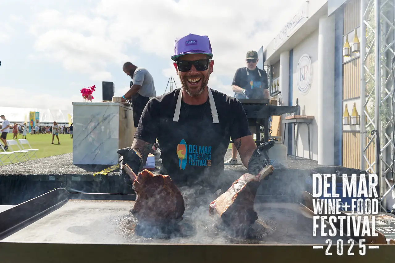 Photo gallery from the 2025 Del Mar Wine + Food festival event featuring celebrity chefs, San Diego restaurants, and California distillers