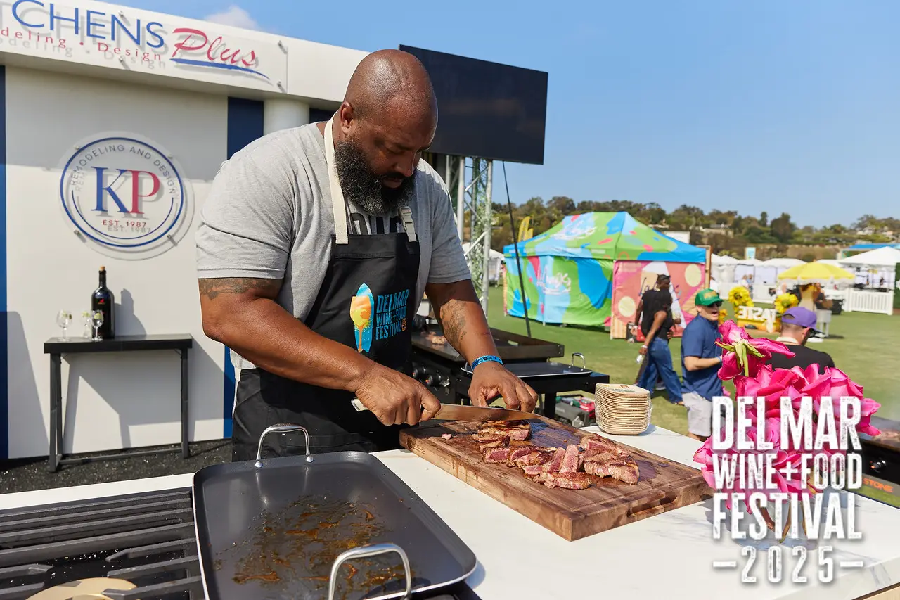 Photo gallery from the 2025 Del Mar Wine + Food festival event featuring celebrity chefs, San Diego restaurants, and California distillers