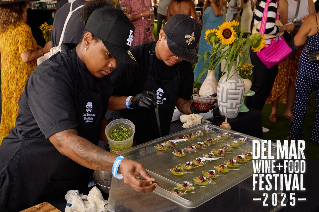 Photo gallery from the 2025 Del Mar Wine + Food festival event featuring celebrity chefs, San Diego restaurants, and California distillers