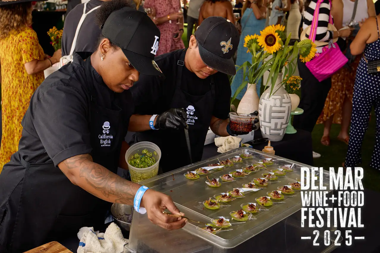 Photo gallery from the 2025 Del Mar Wine + Food festival event featuring celebrity chefs, San Diego restaurants, and California distillers