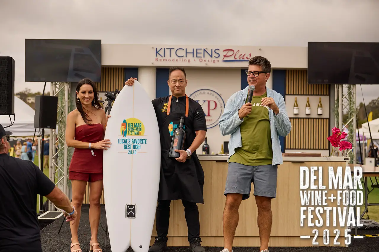 Photo gallery from the 2025 Del Mar Wine + Food festival event featuring celebrity chefs, San Diego restaurants, and California distillers