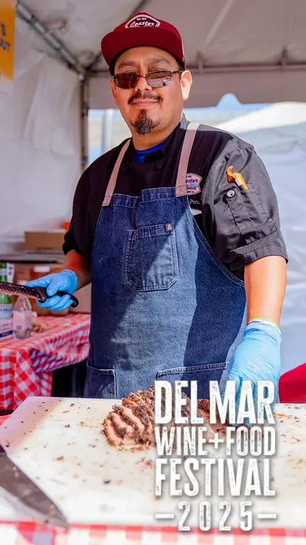 Photo gallery from the 2025 Del Mar Wine + Food festival event featuring celebrity chefs, San Diego restaurants, and California distillers