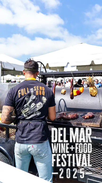Photo gallery from the 2025 Del Mar Wine + Food festival event featuring celebrity chefs, San Diego restaurants, and California distillers