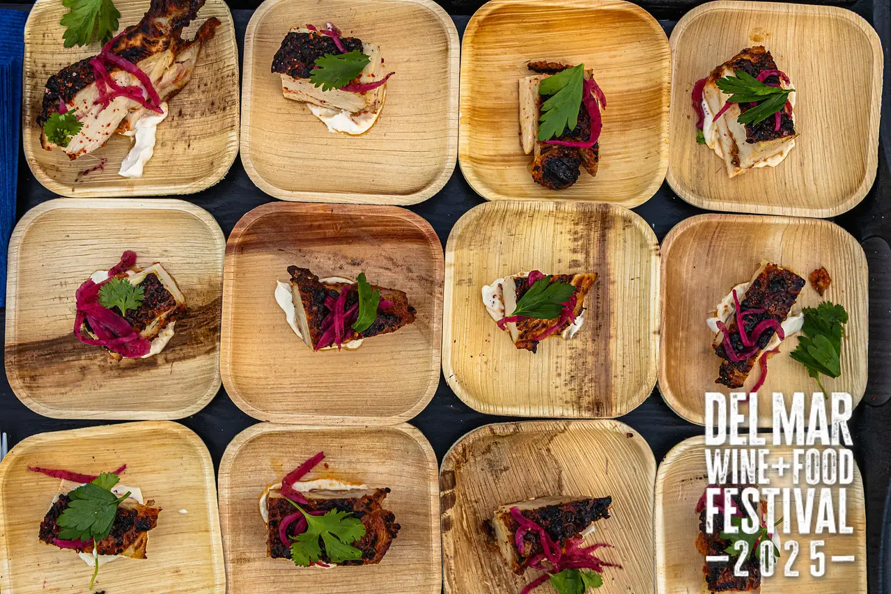 Photo gallery from the 2025 Del Mar Wine + Food festival event featuring celebrity chefs, San Diego restaurants, and California distillers