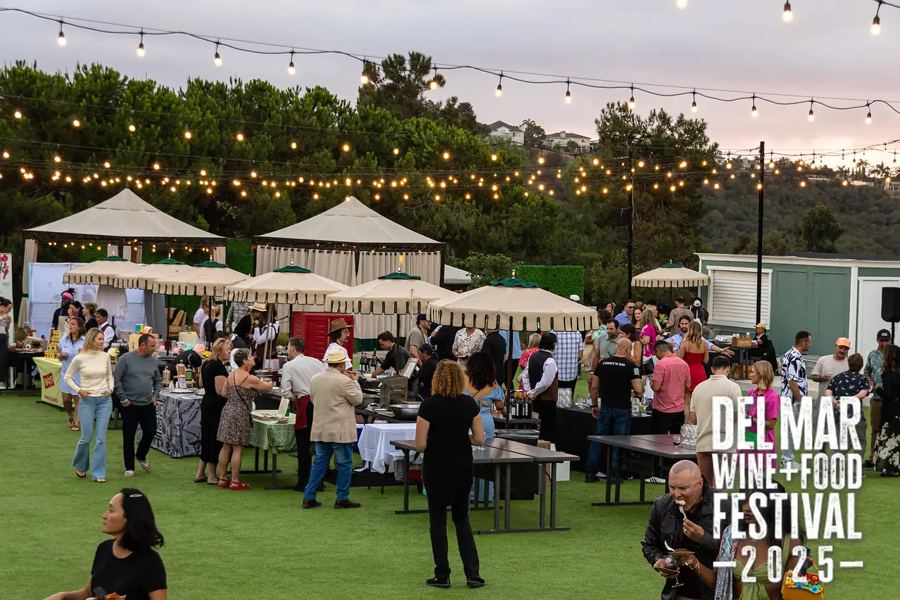 Photo gallery from the 2025 Del Mar Wine + Food festival event featuring celebrity chefs, San Diego restaurants, and California distillers