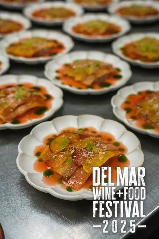 Photo gallery from the 2025 Del Mar Wine + Food festival event featuring celebrity chefs, San Diego restaurants, and California distillers