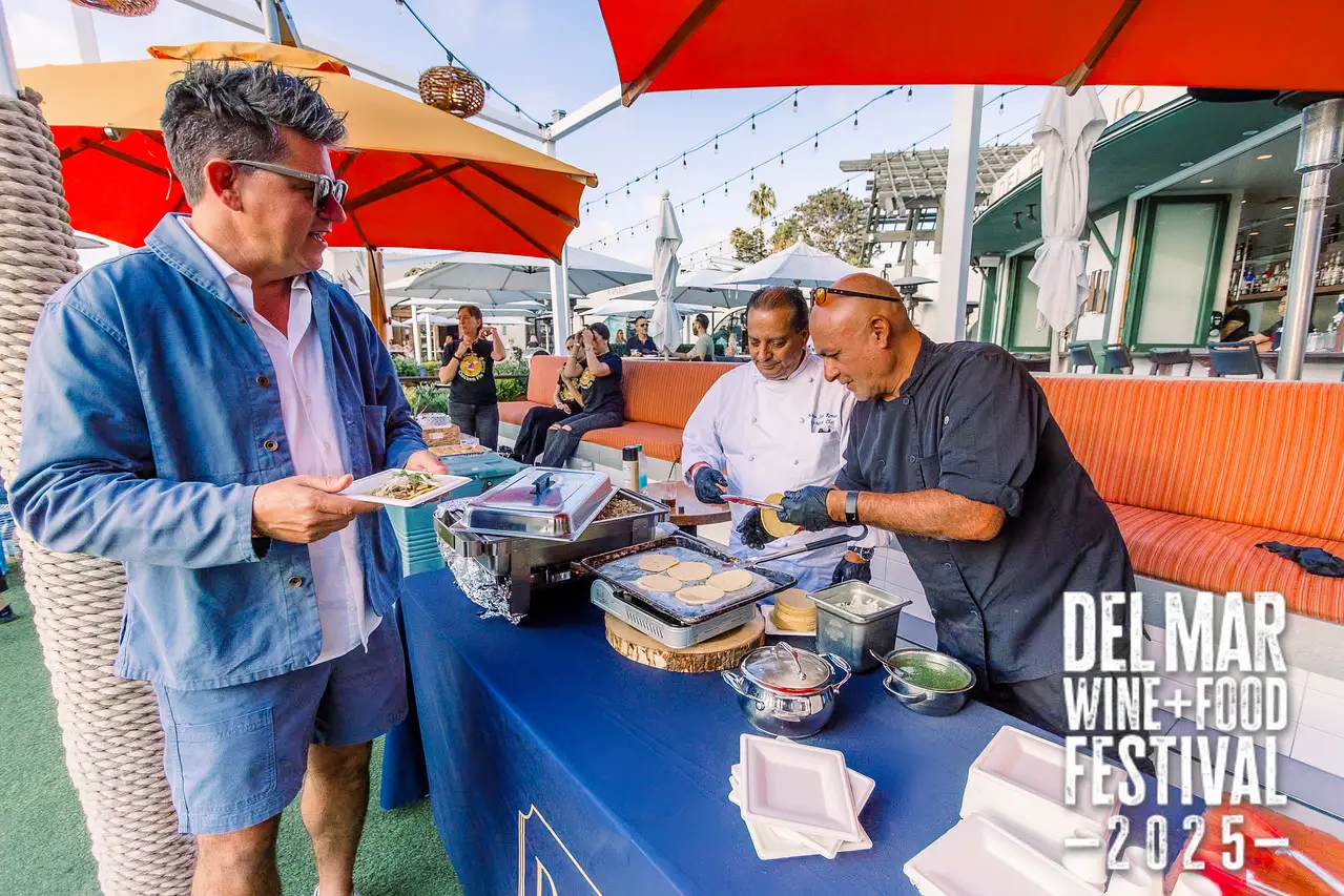 Photo gallery from the 2025 Del Mar Wine + Food festival event featuring celebrity chefs, San Diego restaurants, and California distillers