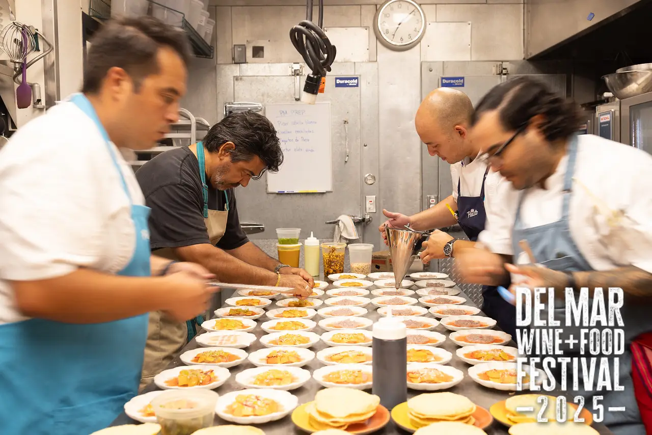 Photo gallery from the 2025 Del Mar Wine + Food festival event featuring celebrity chefs, San Diego restaurants, and California distillers