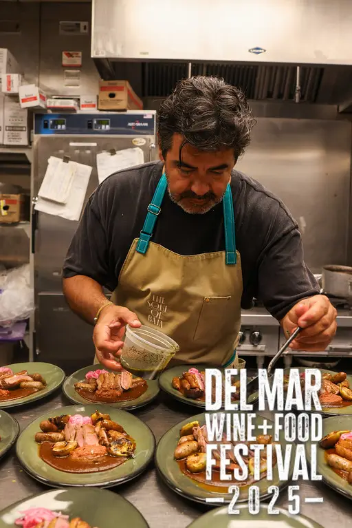 Photo gallery from the 2025 Del Mar Wine + Food festival event featuring celebrity chefs, San Diego restaurants, and California distillers