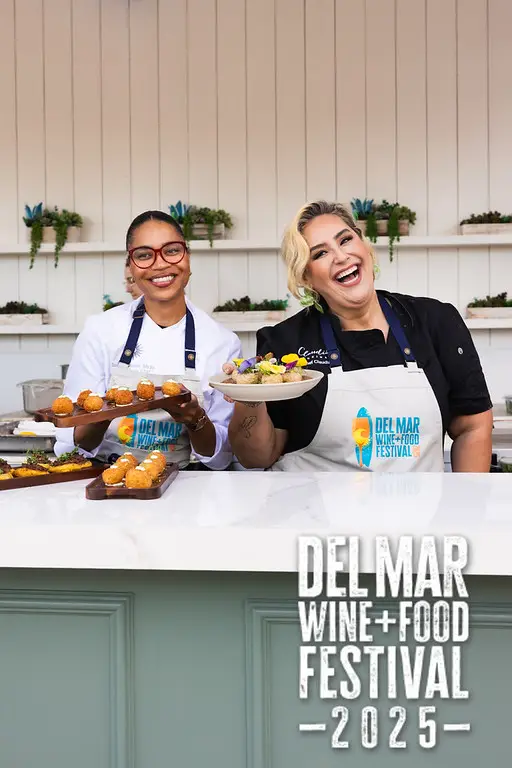 Photo gallery from the 2025 Del Mar Wine + Food festival event featuring celebrity chefs, San Diego restaurants, and California distillers