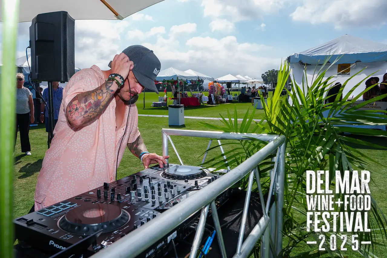 Photo gallery from the 2025 Del Mar Wine + Food festival event featuring celebrity chefs, San Diego restaurants, and California distillers
