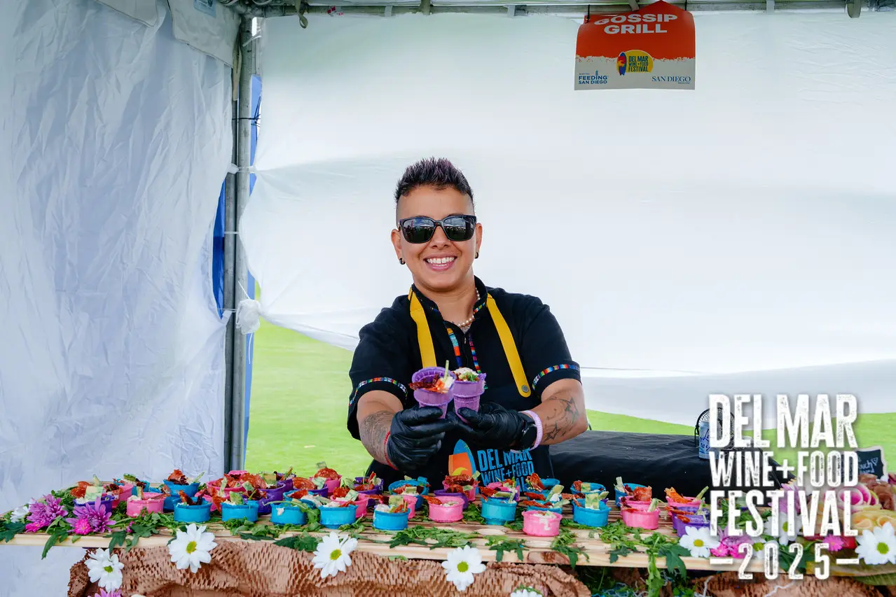 Photo gallery from the 2025 Del Mar Wine + Food festival event featuring celebrity chefs, San Diego restaurants, and California distillers