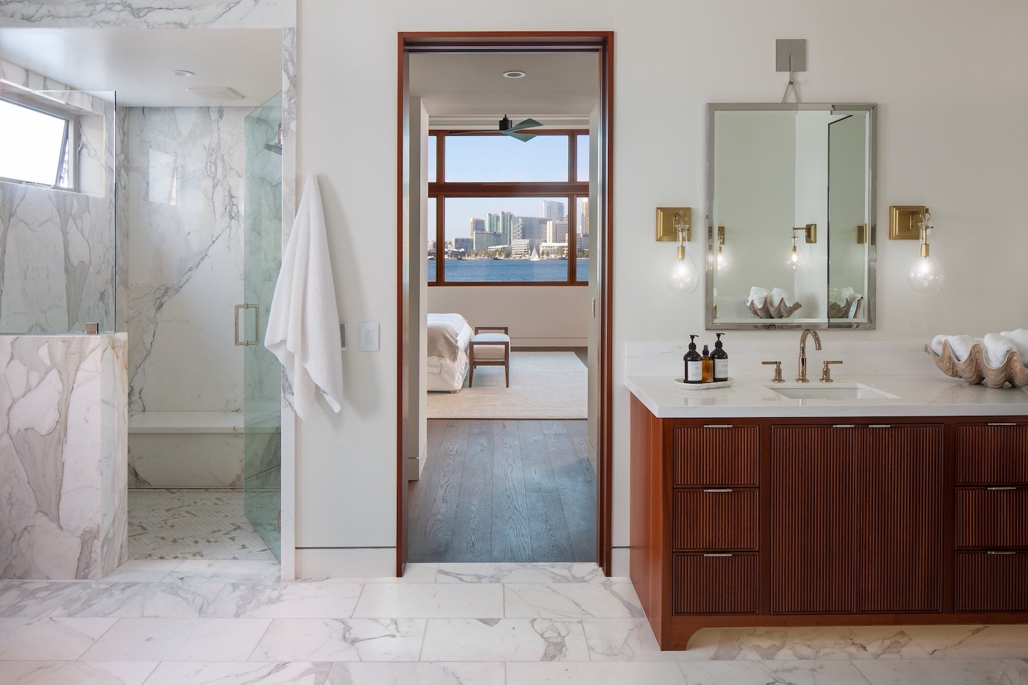 Primary bathroom in Coronado luxury home with bayfront views, renovated by Christian Rice, and owned by Allan and Lyndsey Arendsee