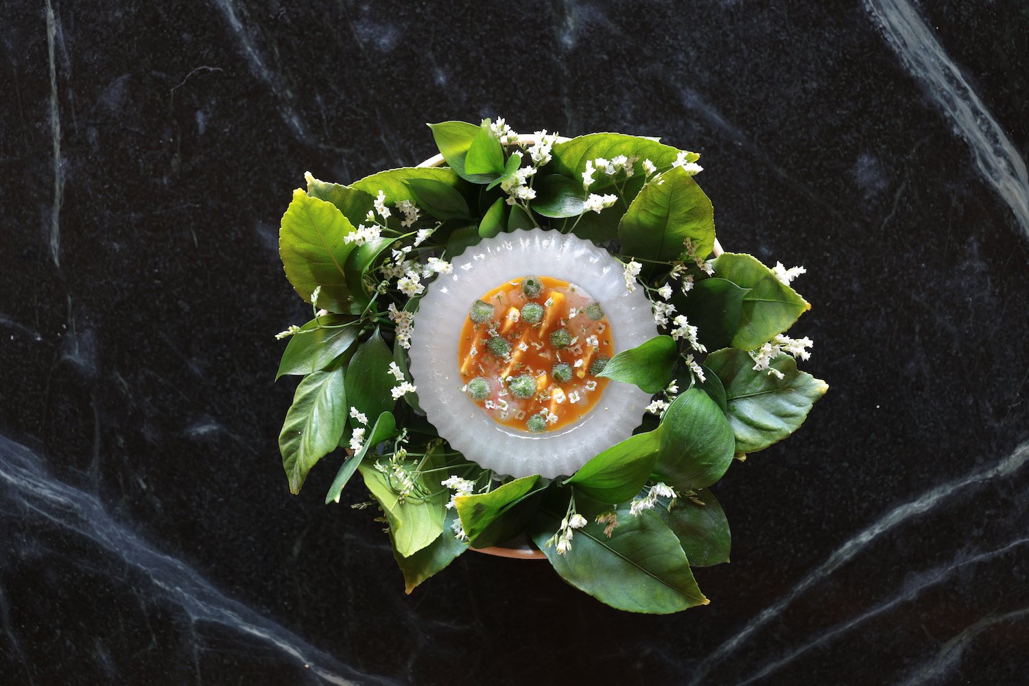 Spot prawns dish from San Diego Michelin star restaurant Lilo in Carlsbad
