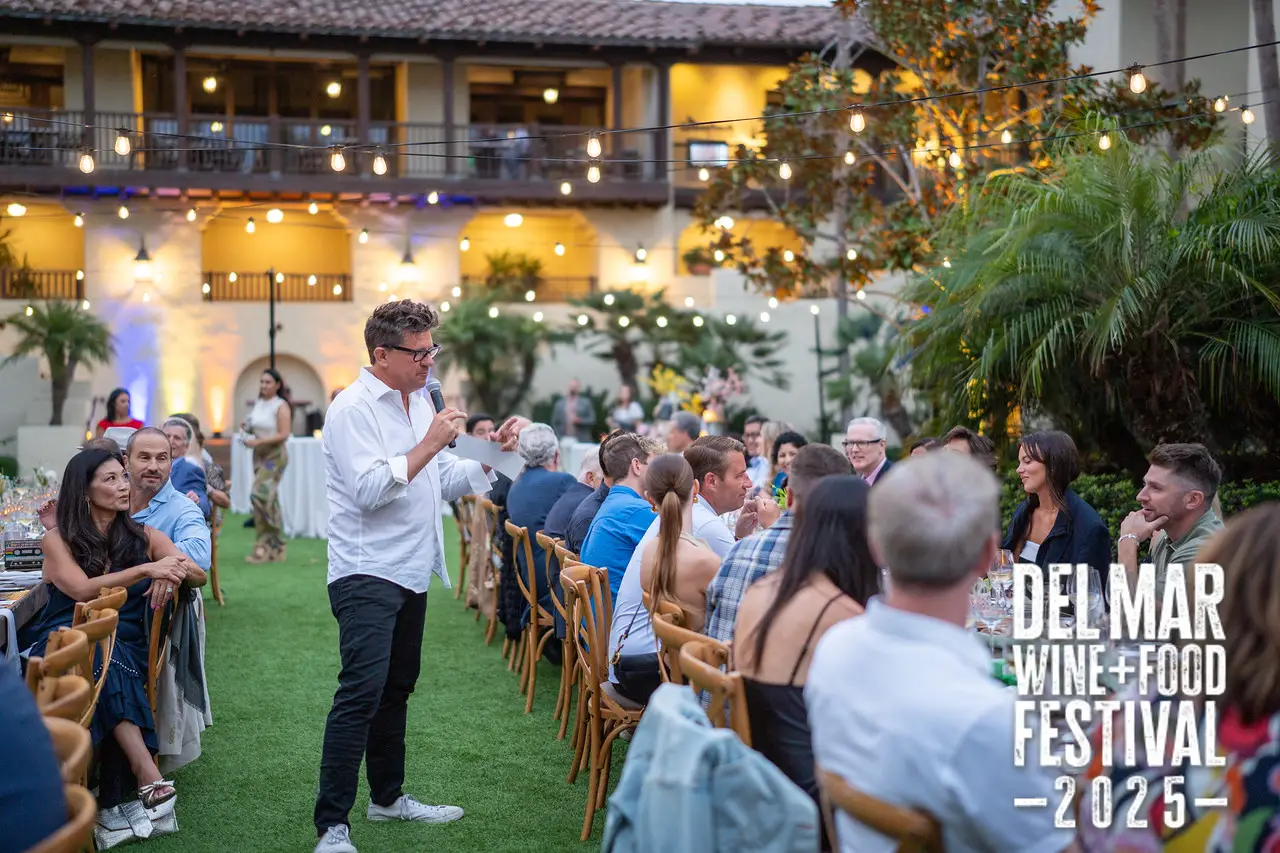Photo gallery from the 2025 Del Mar Wine + Food festival event featuring celebrity chefs, San Diego restaurants, and California distillers