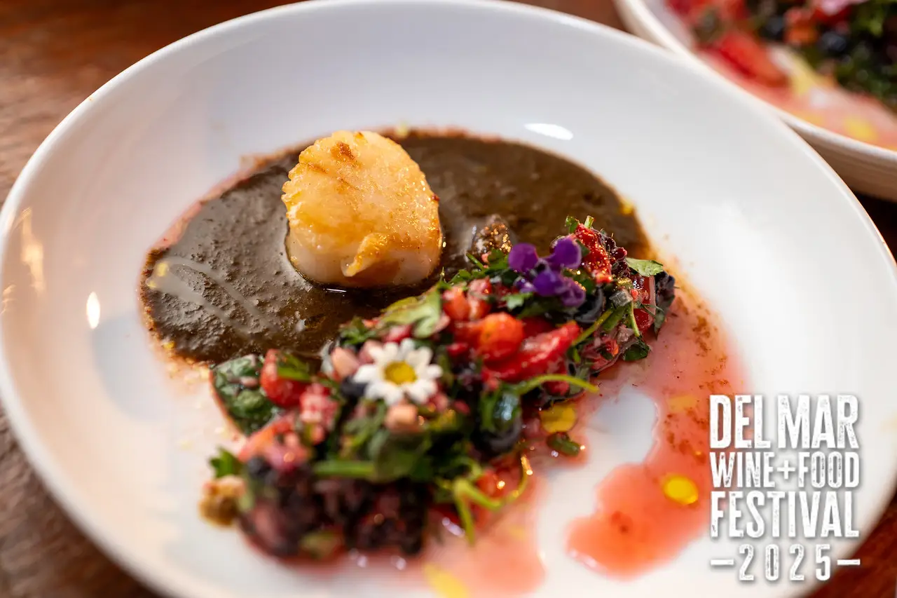 Photo gallery from the 2025 Del Mar Wine + Food festival event featuring celebrity chefs, San Diego restaurants, and California distillers