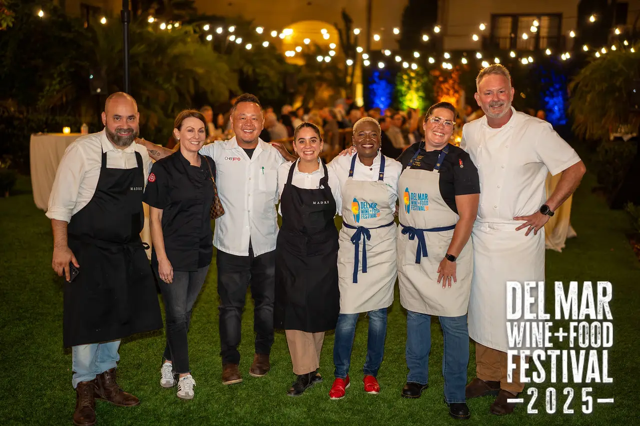 Photo gallery from the 2025 Del Mar Wine + Food festival event featuring celebrity chefs, San Diego restaurants, and California distillers
