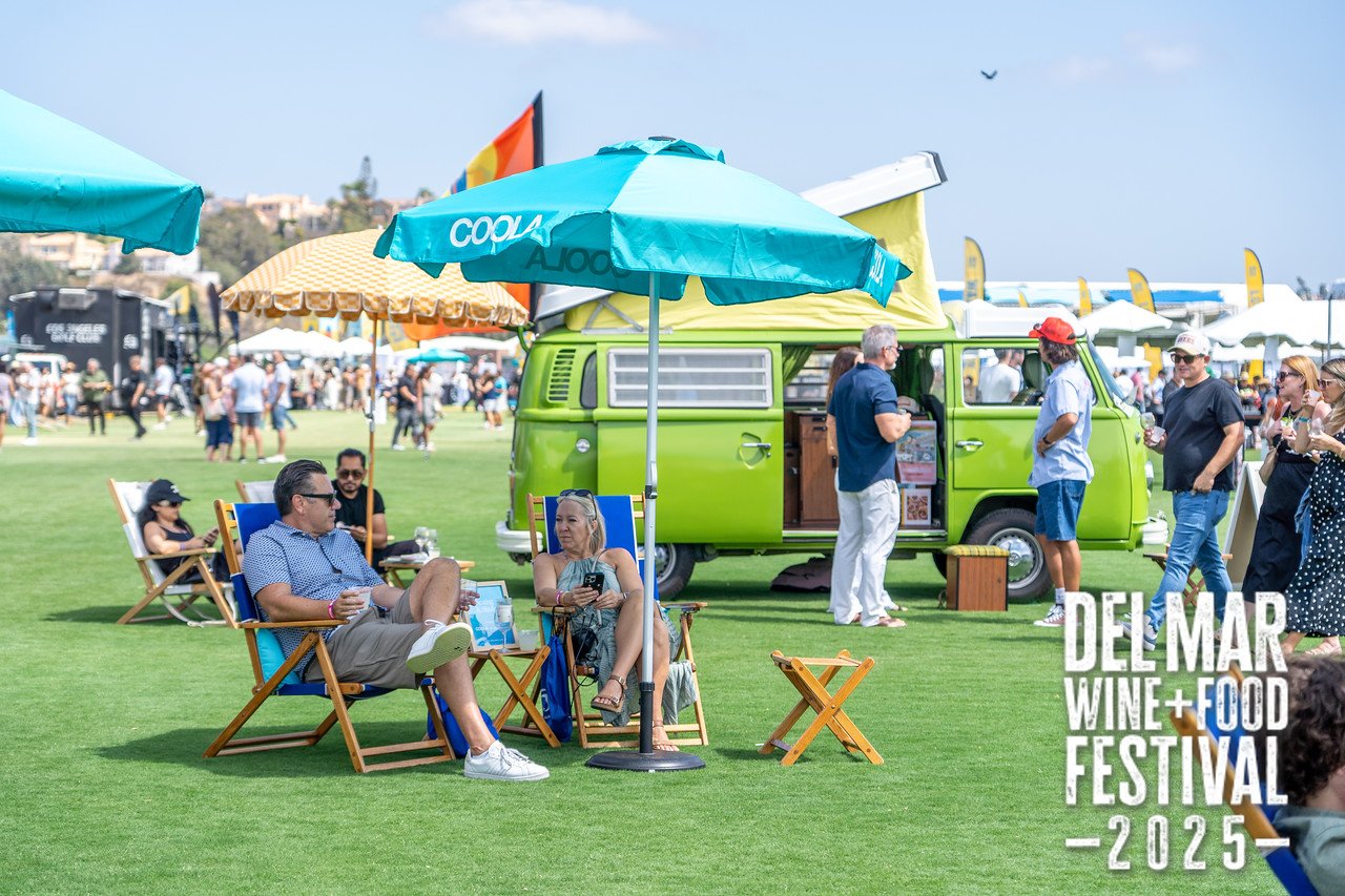 Photo gallery from the 2025 Del Mar Wine + Food festival event featuring celebrity chefs, San Diego restaurants, and California distillers