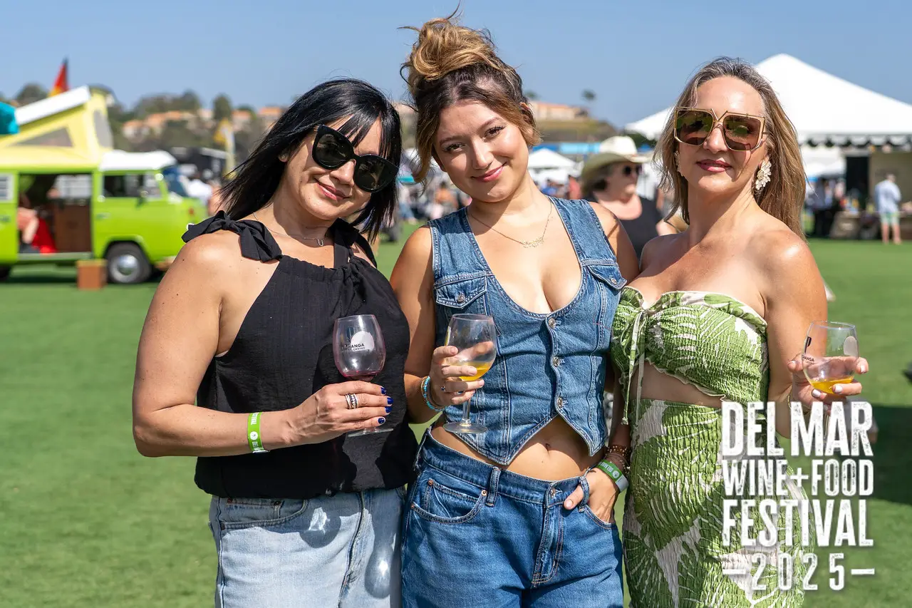 Photo gallery from the 2025 Del Mar Wine + Food festival event featuring celebrity chefs, San Diego restaurants, and California distillers